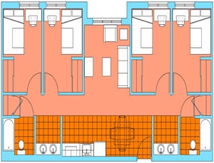 layout of room with 4 beds and 2 bathrooms