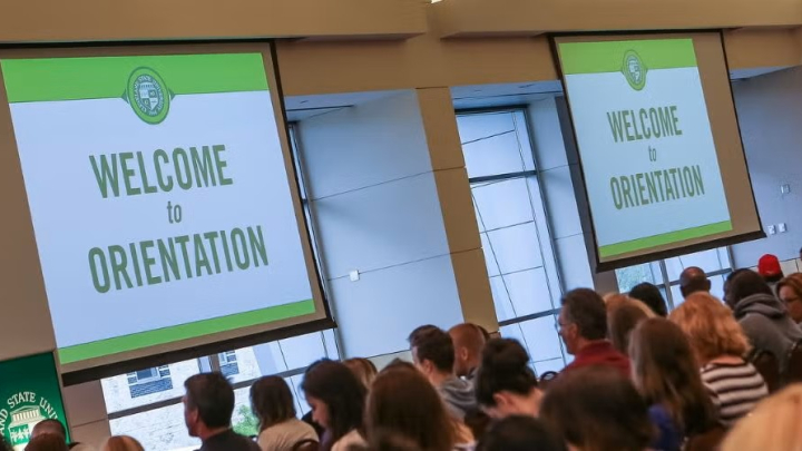 Students gather in the ballroom for Orientation