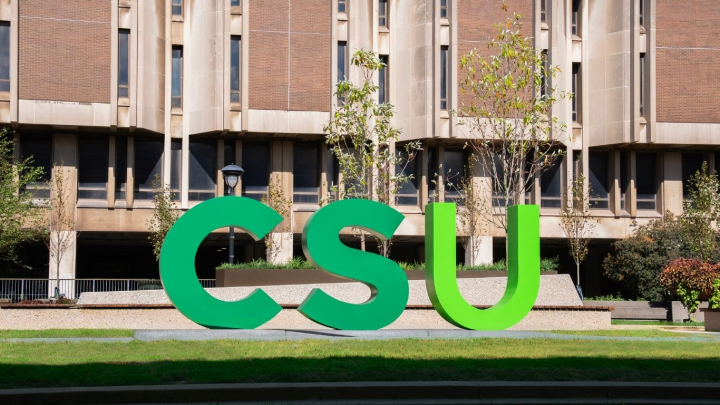 CSU letters in the McCombs Plaza