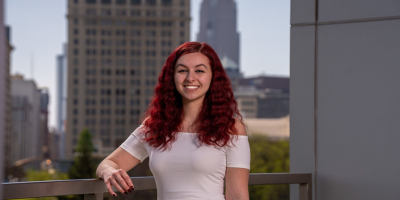 Vivian France posing in front of CSU skyline