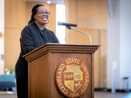 guest speakers at the “Honoring Women Who Served” event in the Student Center Atrium. Attendees heard the experiences of women veterans during this special observance, which began with the traditional flag placement by military color guard and trumpet reg