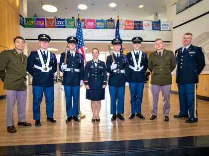 guest speakers at the “Honoring Women Who Served” event in the Student Center Atrium. Attendees heard the experiences of women veterans during this special observance, which began with the traditional flag placement by military color guard and trumpet reg