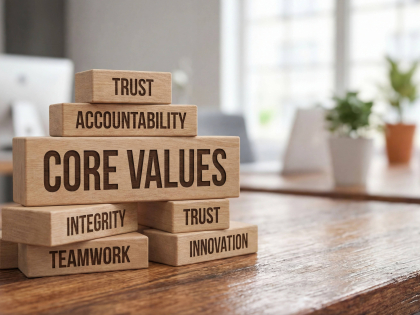 Building blocks naming core values.
