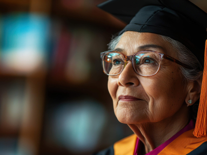 Older woman in a graduation cap